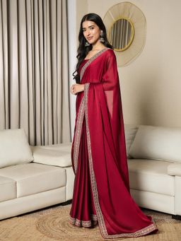 Nyri - Womens Satin Maroon Embellished Pre-Drapped Saree