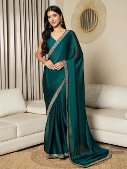 Nyri - Womens Satin Green Embellished Ready To Wear Saree