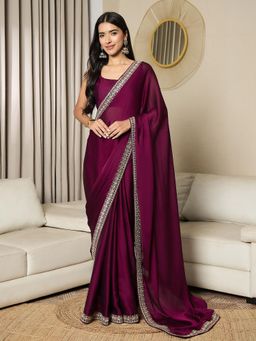 Nyri - Womens Satin Magenta Embellished Pre-Drapped Saree