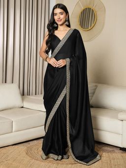 Nyri - Womens Satin Black Embellished Ready To Wear Saree