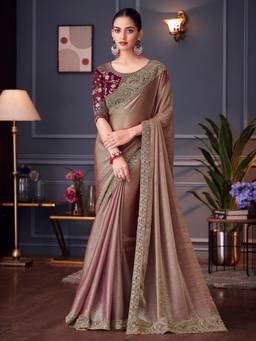 Nyri - Womens Pure Chiffon Burgundy Embellished Designer Saree