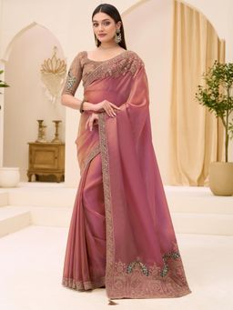 Nyri - Womens Satin Rose Gold Embellished Designer Saree