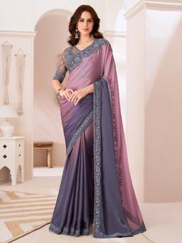 Nyri - Womens Pure Chiffon Rose Gold Embellished Designer Saree