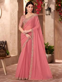 Nyri - Womens Georgette Peach Embellished Designer Saree