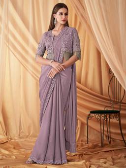Nyri - Womens Georgette Lavender Embellished Designer Saree