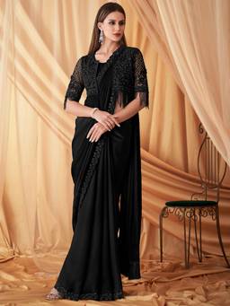 Nyri - Womens Georgette Black Embellished Designer Saree