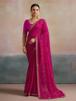 Nyri - Womens Georgette Pink Printed Designer Saree