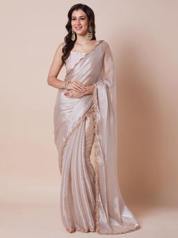 Nyri - Womens Organza Cream Embellished Designer Saree