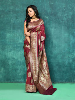 Elora - Silk Blend Banarasi Woven Designer Saree with Unstitched Blouse For Women (Wine)