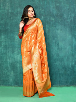 Elora - Silk Blend Banarasi Woven Designer Saree with Unstitched Blouse For Women (Orange)