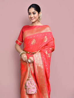 Elora - Silk Blend Banarasi Woven Designer Saree with Unstitched Blouse For Women (Pink)