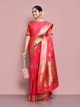 Elora - Silk Blend Banarasi Woven Designer Saree with Unstitched Blouse For Women (Pink)