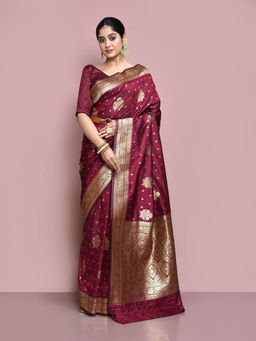 Elora - Silk Blend Banarasi Woven Designer Saree with Unstitched Blouse For Women (Wine)