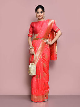 Elora - Silk Blend Banarasi Woven Designer Saree with Unstitched Blouse For Women (Light Pink)