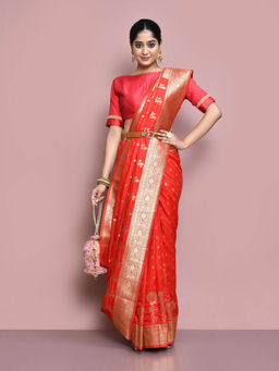 Elora - Silk Blend Banarasi Woven Designer Saree with Unstitched Blouse For Women (Red)