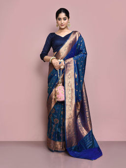 Elora - Silk Blend Banarasi Woven Designer Saree with Unstitched Blouse For Women (Navy Blue)