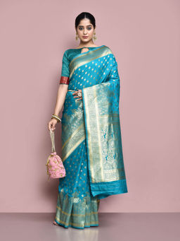 Elora - Silk Blend Banarasi Woven Designer Saree with Unstitched Blouse For Women (Turquoise)