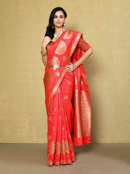 Elora - Silk Blend Banarasi Woven Designer Saree with Unstitched Blouse For Women (Red)