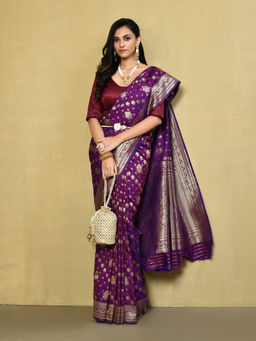 Elora - Silk Blend Banarasi Woven Designer Saree with Unstitched Blouse For Women (Purple)