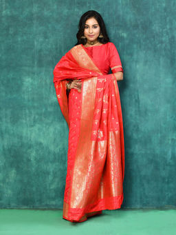 Elora - Silk Blend Banarasi Woven Designer Saree with Unstitched Blouse For Women (Red)