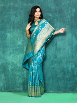 Elora - Silk Blend Banarasi Woven Designer Saree with Unstitched Blouse For Women (Turquoise)