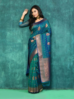 Elora - Silk Blend Banarasi Woven Designer Saree with Unstitched Blouse For Women (Navy Blue)