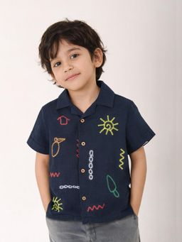 Somersault - Boys Placement embroidery Navy Blue Cotton Half Sleeve Shirt