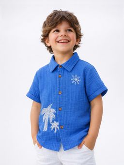 Somersault - Boys Placement embroidery Blue Cotton Half Sleeve Shirt