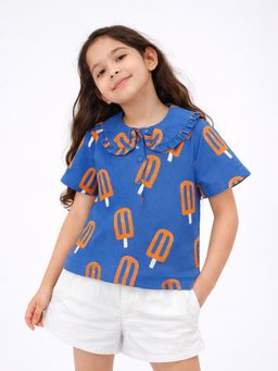 Somersault - Girls All over printed Blue Cotton Half Sleeve Shirt