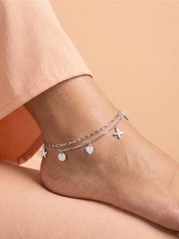 925 SILLER - Celestial and Floral Charm Double Layer Silver Anklet