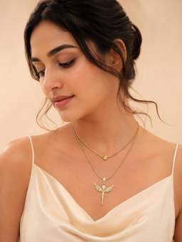 AANURA - 18K Gold Plated Angel Charm Layered Snake Chain Necklace