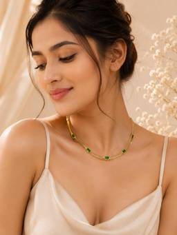 AANURA - 18K Gold Plated Green Stone Flat Chain Layered Necklace