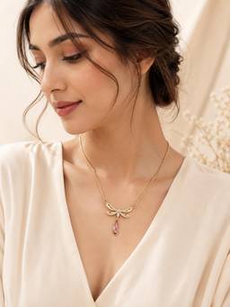AANURA - 18K Gold Plated Pink Wing Teardrop Necklace