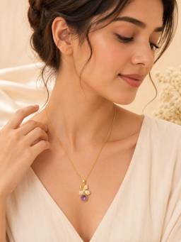 AANURA - 18K Gold Plated Purple Floral Crystal Drop Necklace