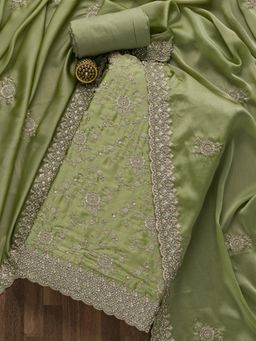 Koskii - Pista Green Embroidered Satin Unstitched Salwar Suit (Set of Three)