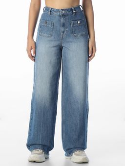 ONLY - Women Solid Wide Leg High-Rise Blue Jeans