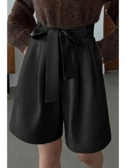 KOTTY - Women Black High-Rise Belted Pleated Tailored Shorts