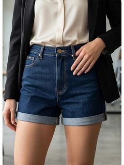 KOTTY - Women Indigo Blue High-Rise Denim Shorts
