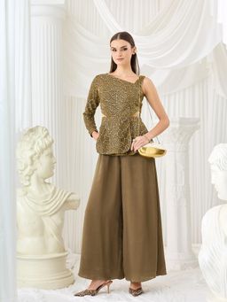 Miss Chase - Luxe Women Dark Beige Asymmetric Geometric Peplum Regular Satin Jumpsuit