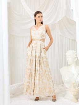 Miss Chase - Luxe Women Off White Pleated Georgette Jumpsuit