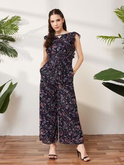 Miss Chase - Women Navy Blue Floral Sleeveless Wide-Leg Jumpsuit