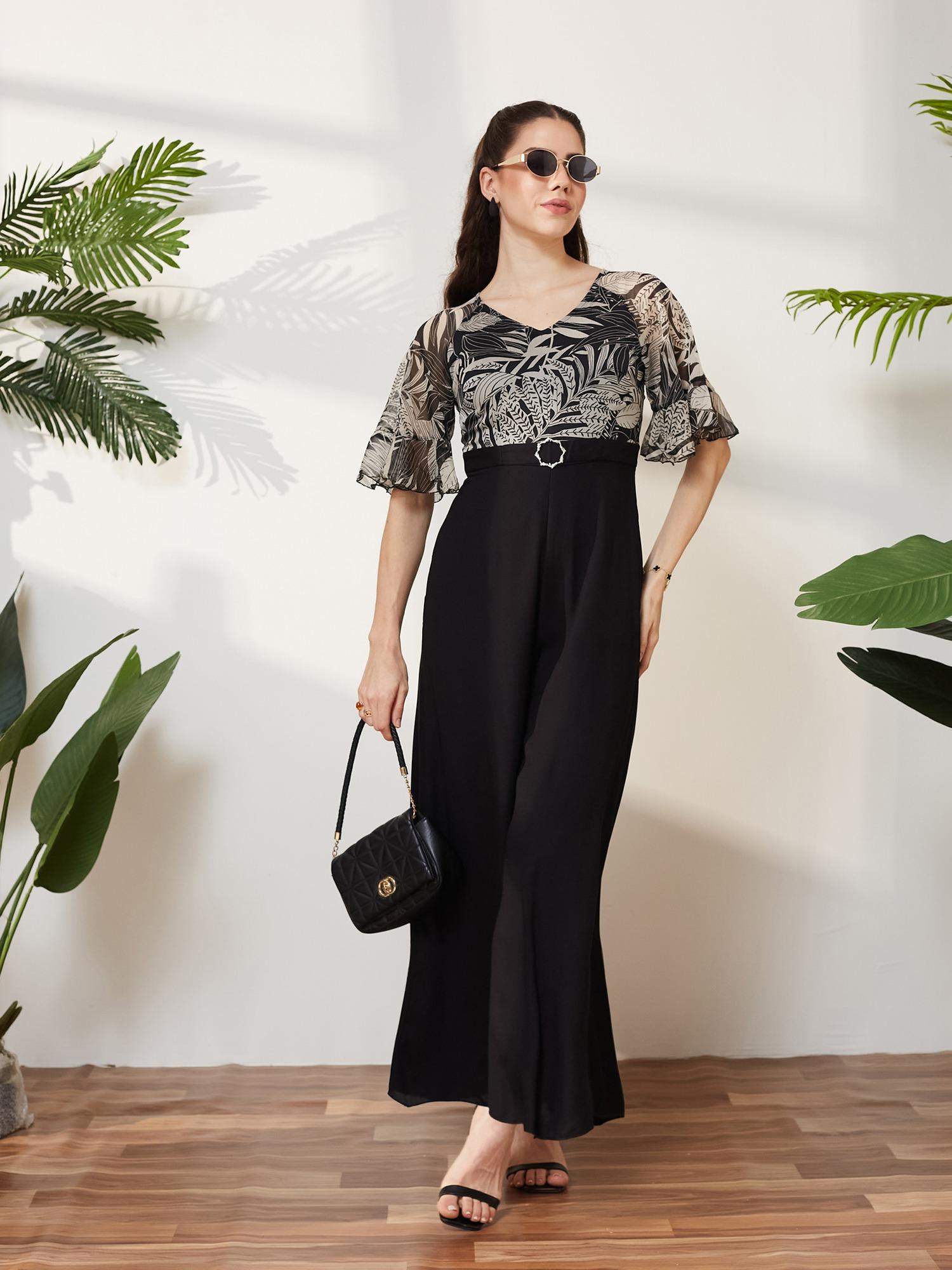 Women Black Printed Wide-Leg Polyester Jumpsuit-image-4