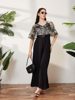 Miss Chase - Women Black Printed Wide-Leg Polyester Jumpsuit