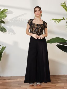 Miss Chase - Women Black Floral Lace Overlay Jumpsuit