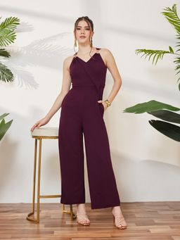Miss Chase - Women Wine V-Neck Sleeveless Solid Wrap Regular Jumpsuit