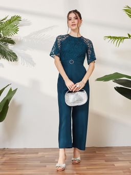 Miss Chase - Women Teal Keyhole Neck Floral Jumpsuit