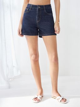 Miss Chase - Women Dark Blue Flared High-Rise Clean-Look Regular-Length Denim Shorts