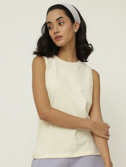 Saltpetre - Women Off White Organic Knit Cotton Round Neck Sleeveless Top