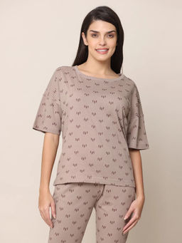Saltpetre - Women Taupe Printed Comfortable Round Neck T-Shirt