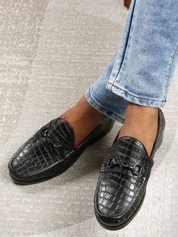 Teakwood - Men'S Black Croco-Textured Leather Horse Bit Loafers